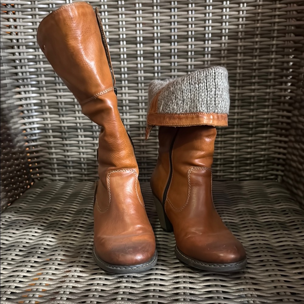 Brown Heeled Boots with Slouched Shaft and Buckle Detail